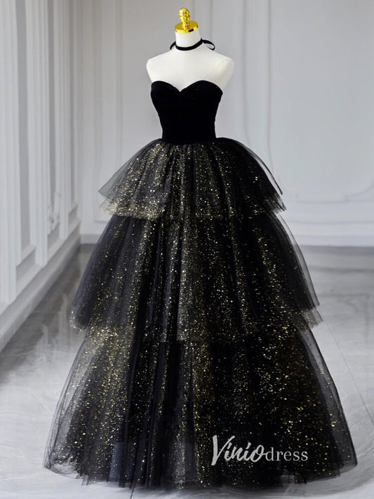 Black Sparkly Tulle Prom Dresses Strapless Ruffled Formal Gown FD3245-prom dresses 2025 -Viniodress-Black-Custom Size-