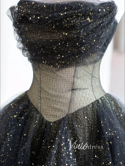 Black Sparkly Tulle Prom Dresses Strapless Ruffled Formal Gown FD3445-prom dresses 2025 -Viniodress-Black-Custom Size-