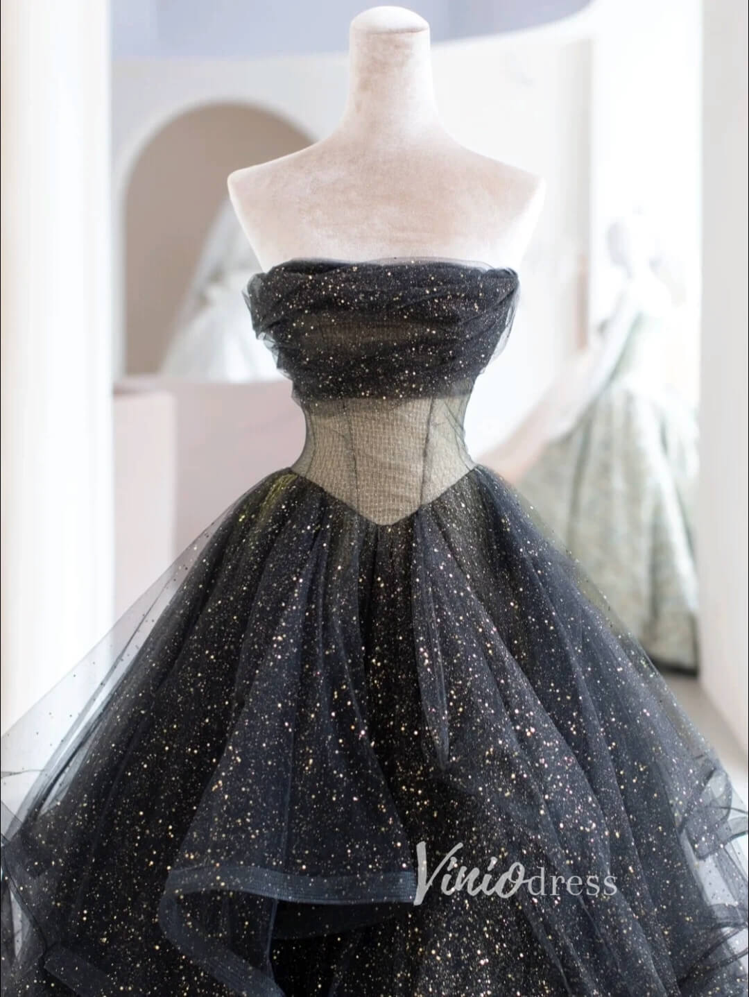 Prom Dress 2025 Black Sparkly Tulle Prom Dresses Strapless Ruffled Formal Gown FD3445-unique prom dresses-Black-Custom Size-Viniodress