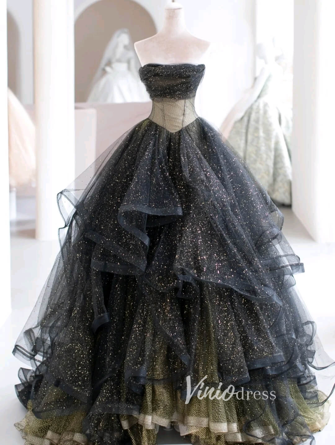 Prom Dress 2025 Black Sparkly Tulle Prom Dresses Strapless Ruffled Formal Gown FD3445-unique prom dresses-Black-Custom Size-Viniodress