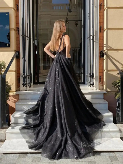 Black Sparkly Tulle Prom Dresses with V-Neck, Slit & Spaghetti Strap - FD5159-prom dresses 2025 -Viniodress-Black-Custom Size-