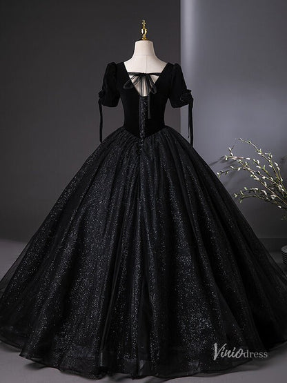 Black Sparkly Tulle Prom Dresses with Velvet Bodice, Short Sleeve Quinceanera Dresses BG043-prom dresses 2025 -Viniodress-Black-Custom Size-