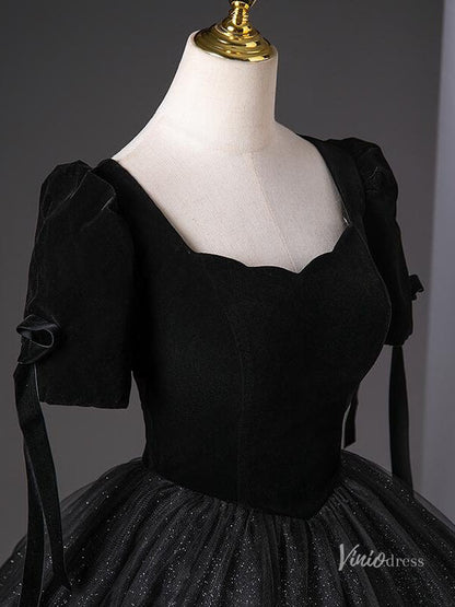 Black Sparkly Tulle Prom Dresses with Velvet Bodice, Short Sleeve Quinceanera Dresses BG043-prom dresses 2025 -Viniodress-Black-Custom Size-