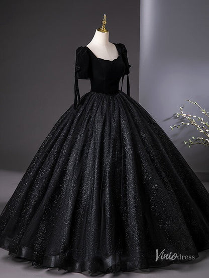 Black Sparkly Tulle Prom Dresses with Velvet Bodice, Short Sleeve Quin Viniodress Black Sparkly Tulle Prom Dresses with Velvet Bodice, Short Sleeve Quin Viniodress