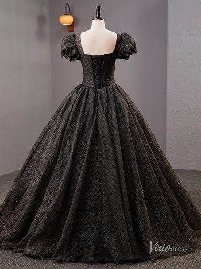 Black Sparkly Tulle Puffed Sleeve Prom Ball Gown Lace Applique Quinceanera Dresses BG056-prom dresses 2025 -Viniodress-Black-Custom Size-