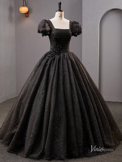 Black Sparkly Tulle Puffed Sleeve Prom Ball Gown Lace Applique Quinceanera Dresses BG056-prom dresses 2025 -Viniodress-Black-Custom Size-