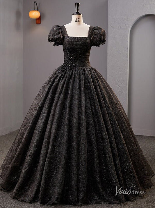 Black Sparkly Tulle Puffed Sleeve Prom Ball Gown Lace Applique Quinceanera Dresses BG056-prom dresses 2025 -Viniodress-Black-Custom Size-