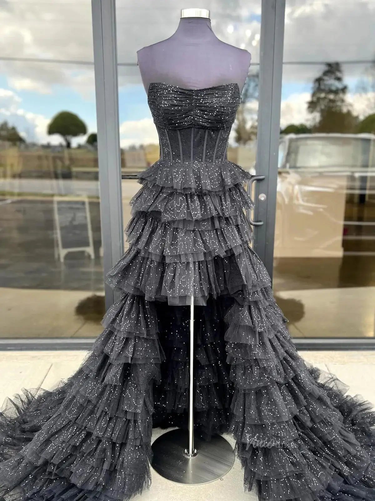 Black Sparkly Tulle Tiered Prom Dresses 2025 Strapless High Low Formal Dresses - FD3712-prom dresses 2025 -Viniodress-Black-Custom Size-