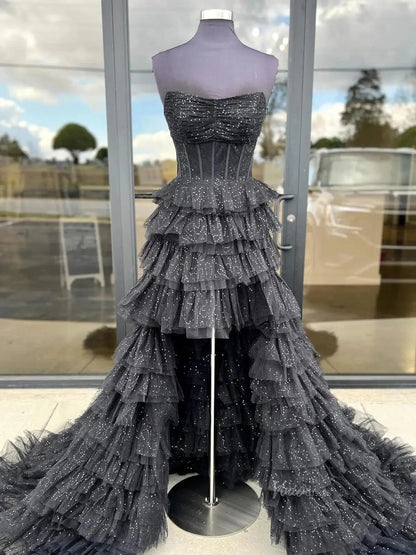 Black Sparkly Tulle Tiered Prom Dresses 2025 Strapless High Low Formal Dresses - FD3712-prom dresses 2025 -Viniodress-Black-Custom Size-