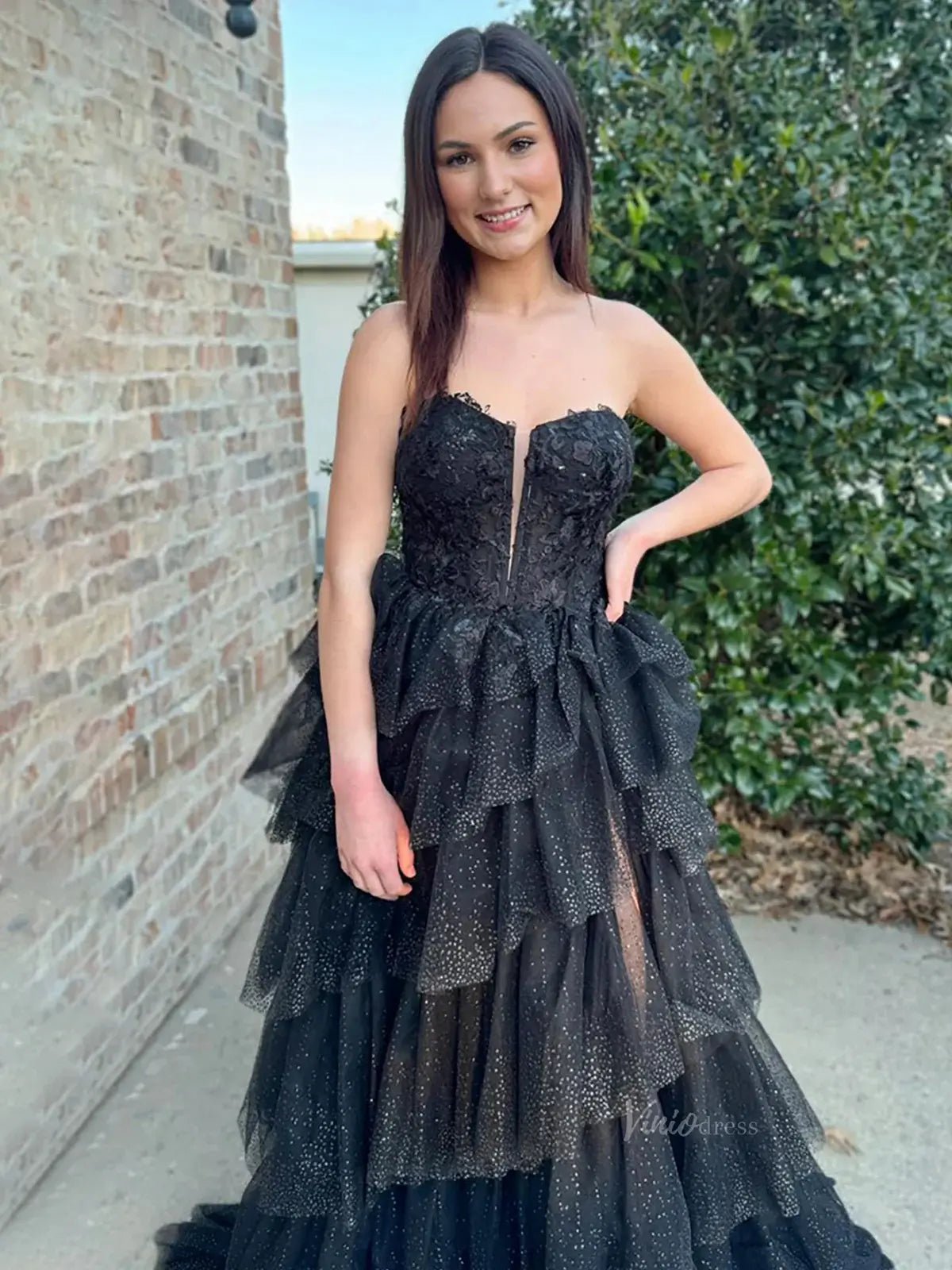 Black Sparkly Tulle Tiered Prom Dresses with Slit Strapless Lace Plunging V-Neck Formal Dresses - FD3716-prom dresses 2025 -Viniodress-Black-Custom Size-