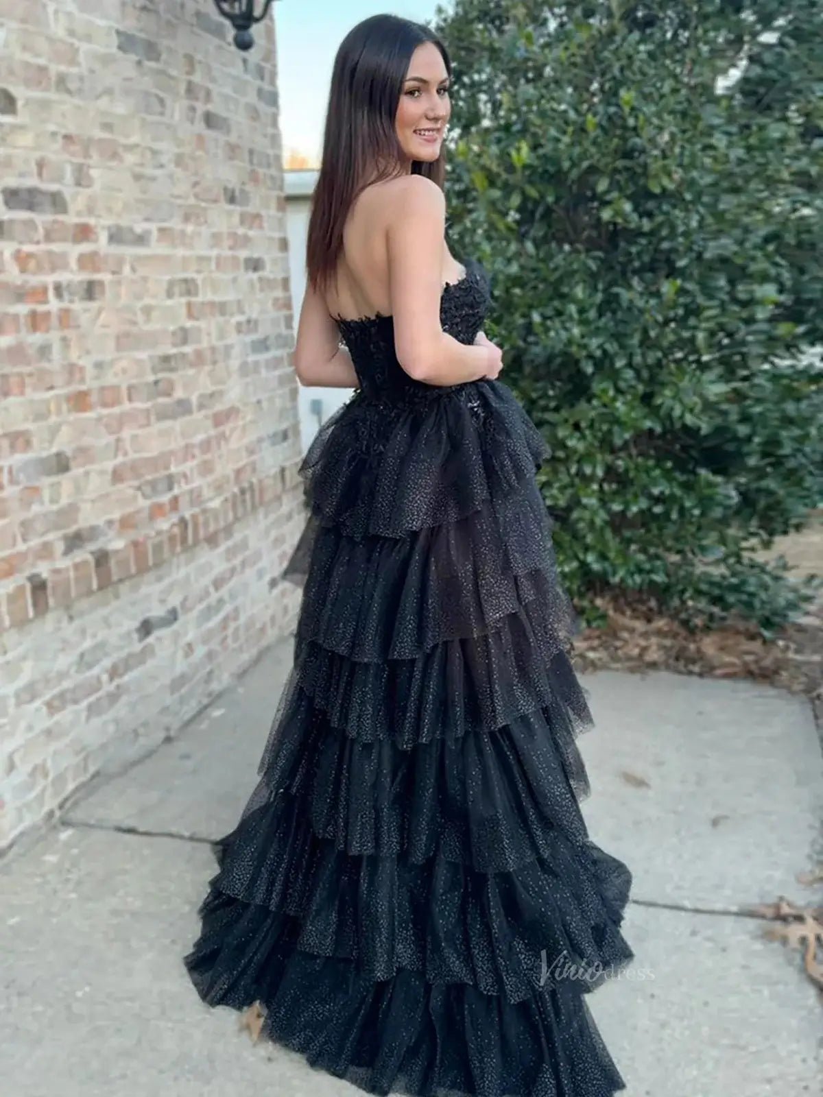 Black Sparkly Tulle Tiered Prom Dresses with Slit Strapless Lace Plunging V-Neck Formal Dresses - FD3716-prom dresses 2025 -Viniodress-Black-Custom Size-