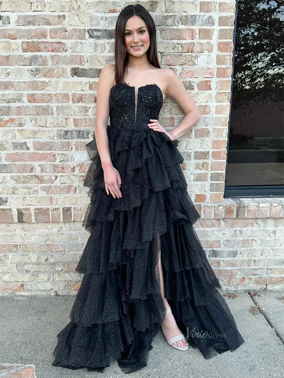Black Sparkly Tulle Tiered Prom Dresses with Slit Strapless Lace Plunging V-Neck Formal Dresses - FD3716-prom dresses 2025 -Viniodress-Black-Custom Size-