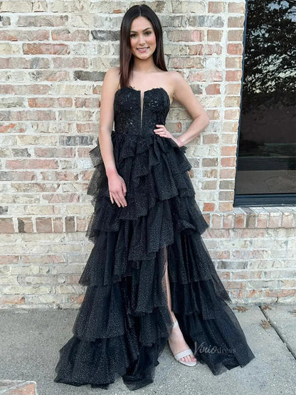 Black Sparkly Tulle Tiered Prom Dresses with Slit Strapless Lace Plunging V-Neck Formal Dresses - FD3716-prom dresses 2025 -Viniodress-Black-Custom Size-