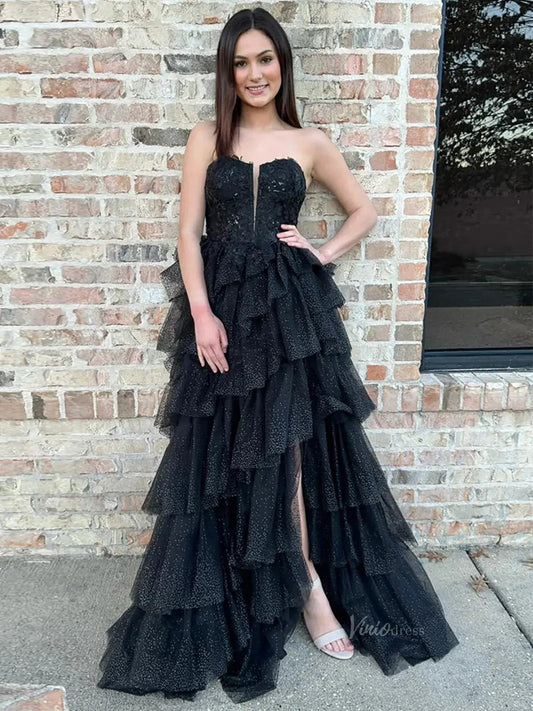 Black Sparkly Tulle Tiered Prom Dresses with Slit Strapless Lace Plunging V-Neck Formal Dresses - FD3716-prom dresses 2025 -Viniodress-Black-Custom Size-