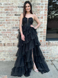 prom dresses 2025 Black Sparkly Tulle Tiered Prom Dresses with Slit Strapless Lace Plunging V-Neck Formal Dresses - FD3716-plus size wedding dresses Viniodress-Black-Custom Size-