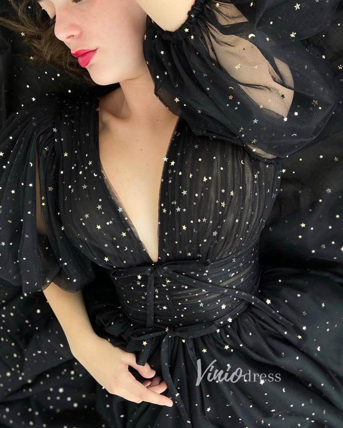Black Starry Tulle Prom Dresses Puffed Sleeve FD2779-prom dresses 2025 -Viniodress-Black-Custom Size-