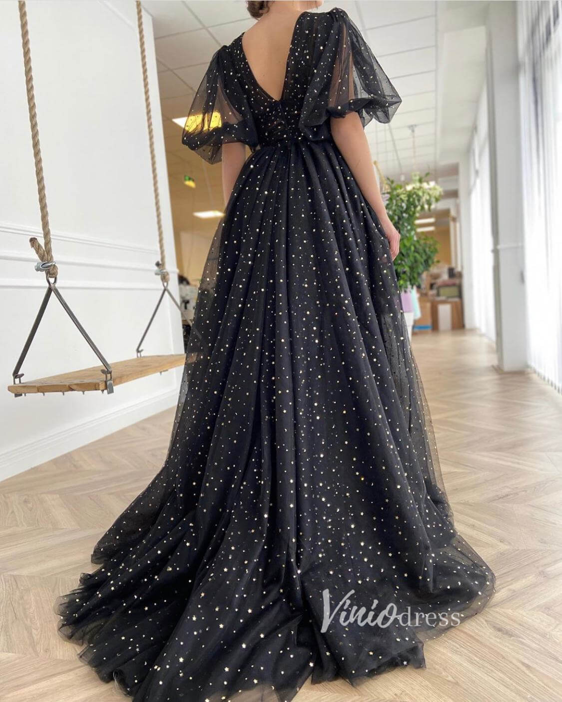 Prom Dress 2025 Black Starry Tulle Prom Dresses Puffed Sleeve FD2779-unique prom dresses-Black-Custom Size-Viniodress