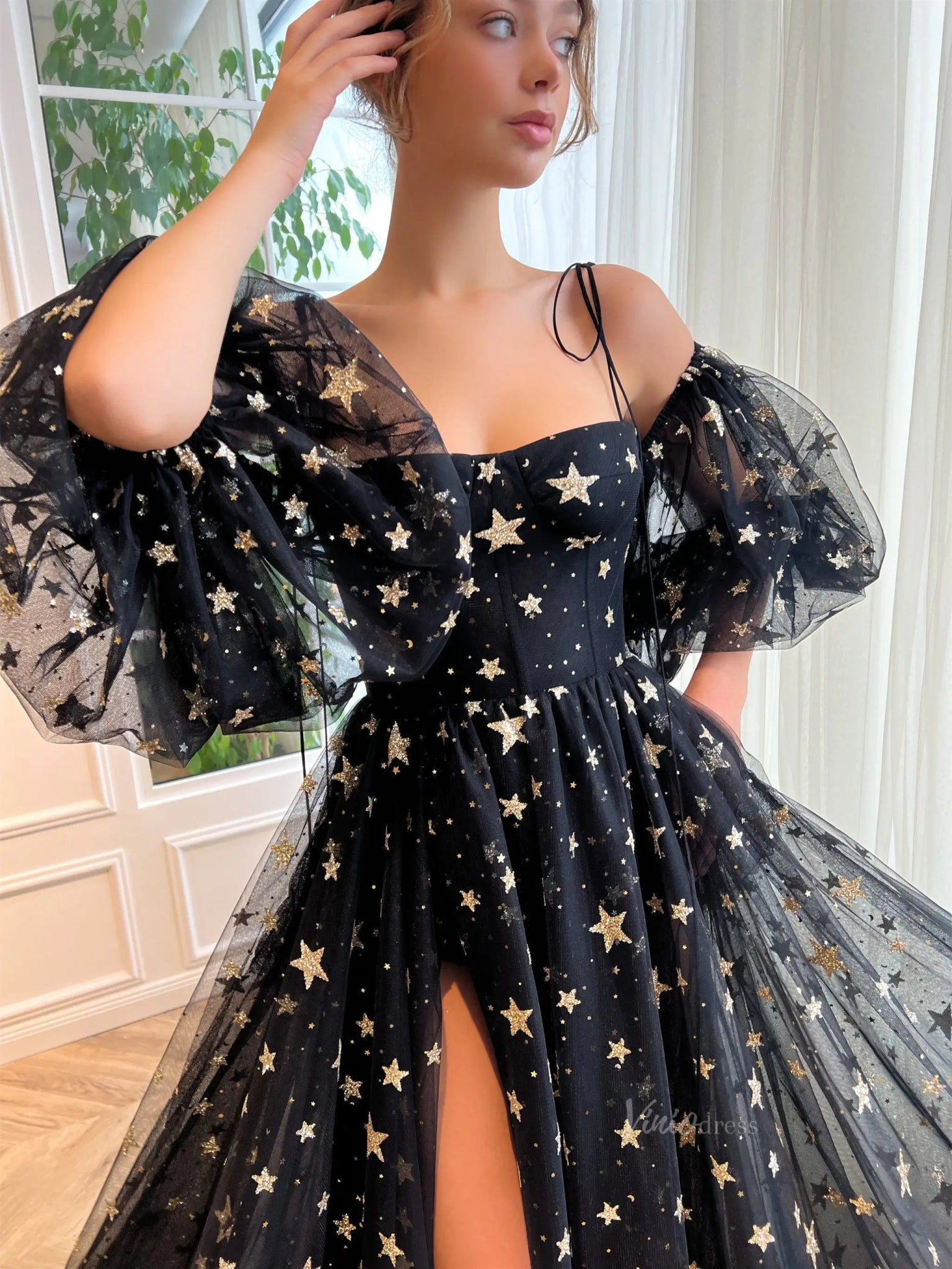 Black Starry Tulle Prom Dresses with Slit Spaghetti Strap Formal Gown Viniodress Black Starry Tulle Prom Dresses with Slit Spaghetti Strap Formal Gown Viniodress