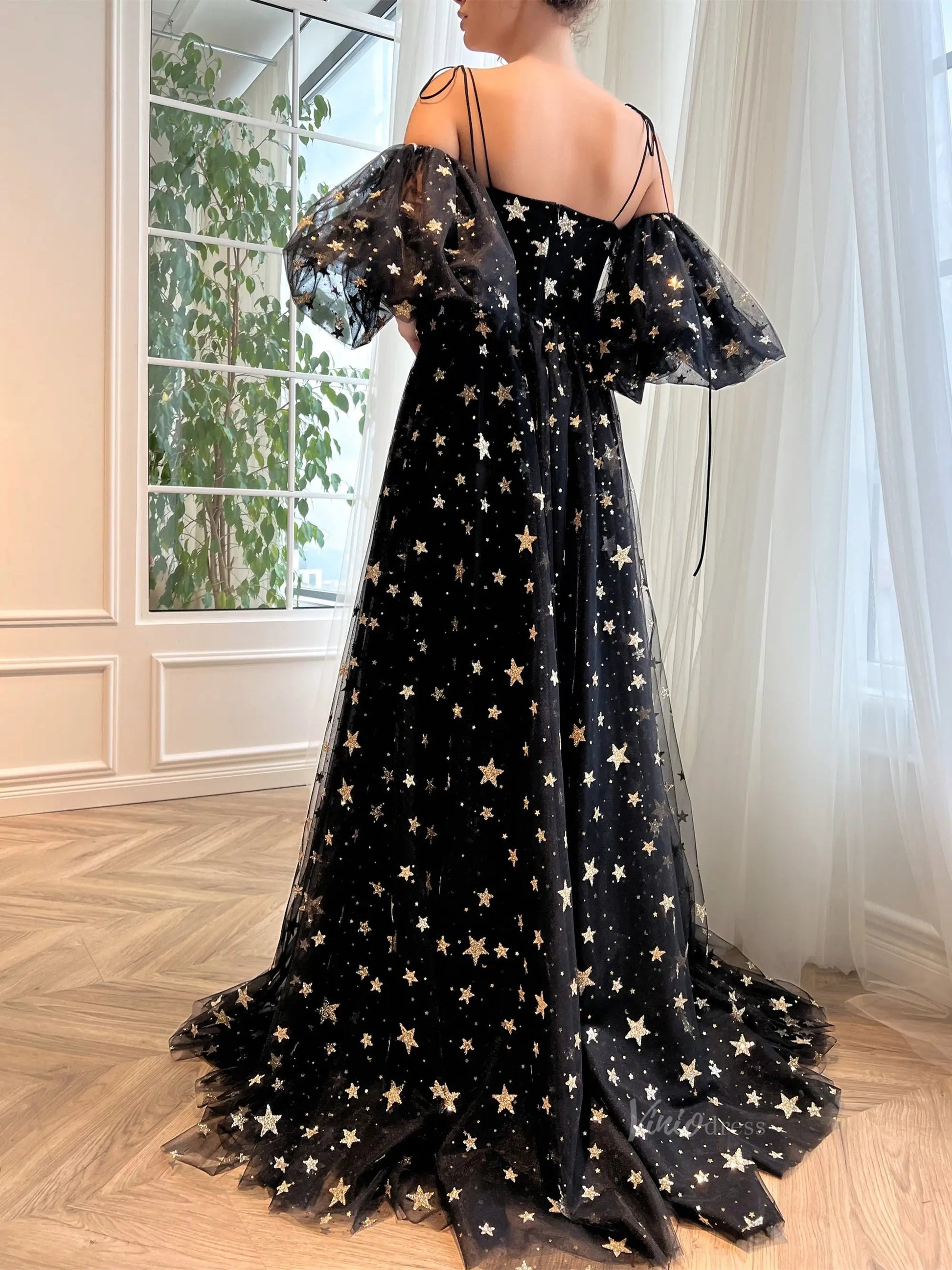 prom dresses 2025 Black Starry Tulle Prom Dresses with Slit Spaghetti Strap Formal Gown FD3350-plus size wedding dresses Viniodress-Black-Custom Size-