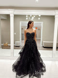 Black Strapless Beaded Lace Prom Dresses Sparkly Tulle Removable Long Puffed Sleeve FD3973-prom dresses-Viniodress-Viniodress