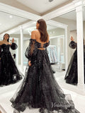 Black Strapless Beaded Lace Prom Dresses Sparkly Tulle Removable Long Puffed Sleeve FD3973-prom dresses-Viniodress-Viniodress