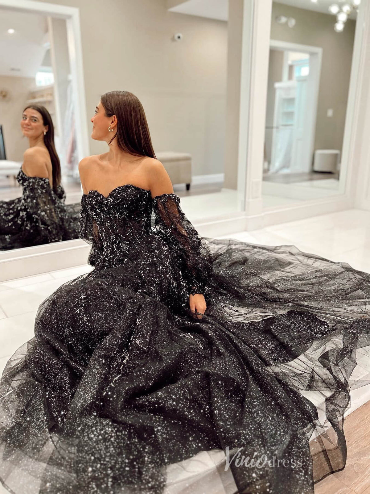 Black Strapless Beaded Lace Prom Dresses Sparkly Tulle Removable Long Puffed Sleeve FD3973-prom dresses-Viniodress-Black-Custom Size-Viniodress