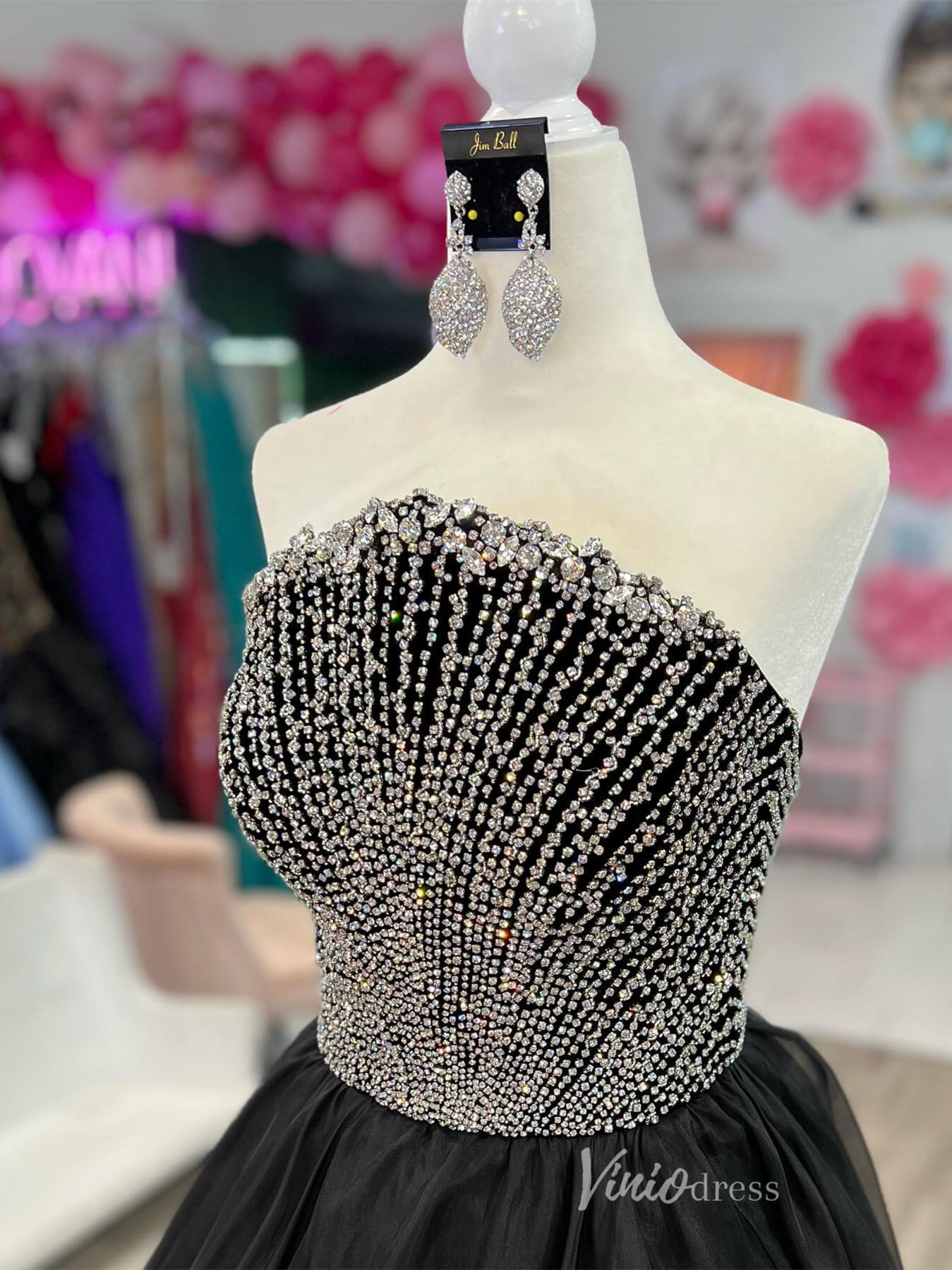 Black Strapless Beaded Prom Dresses Organza Formal Gown PG4068-prom dresses 2025 -Viniodress-Black-Custom Size-