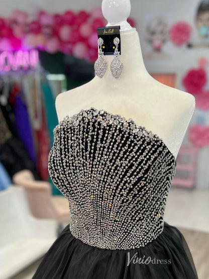 Black Strapless Beaded Prom Dresses Organza Formal Gown PG4068-prom dresses 2025 -Viniodress-Black-Custom Size-