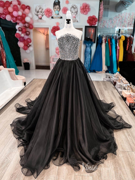 Black Strapless Beaded Prom Dresses Organza Formal Gown PG4068-prom dresses 2025 -Viniodress-Black-Custom Size-