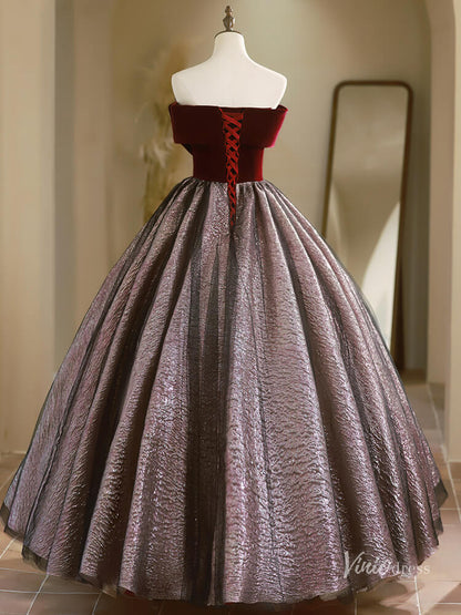 Black Strapless Bow Tie Prom Ball Gown Jacquard Quinceanera Dresses BG023-prom dresses 2025 -Viniodress-Burgundy-Custom Size-