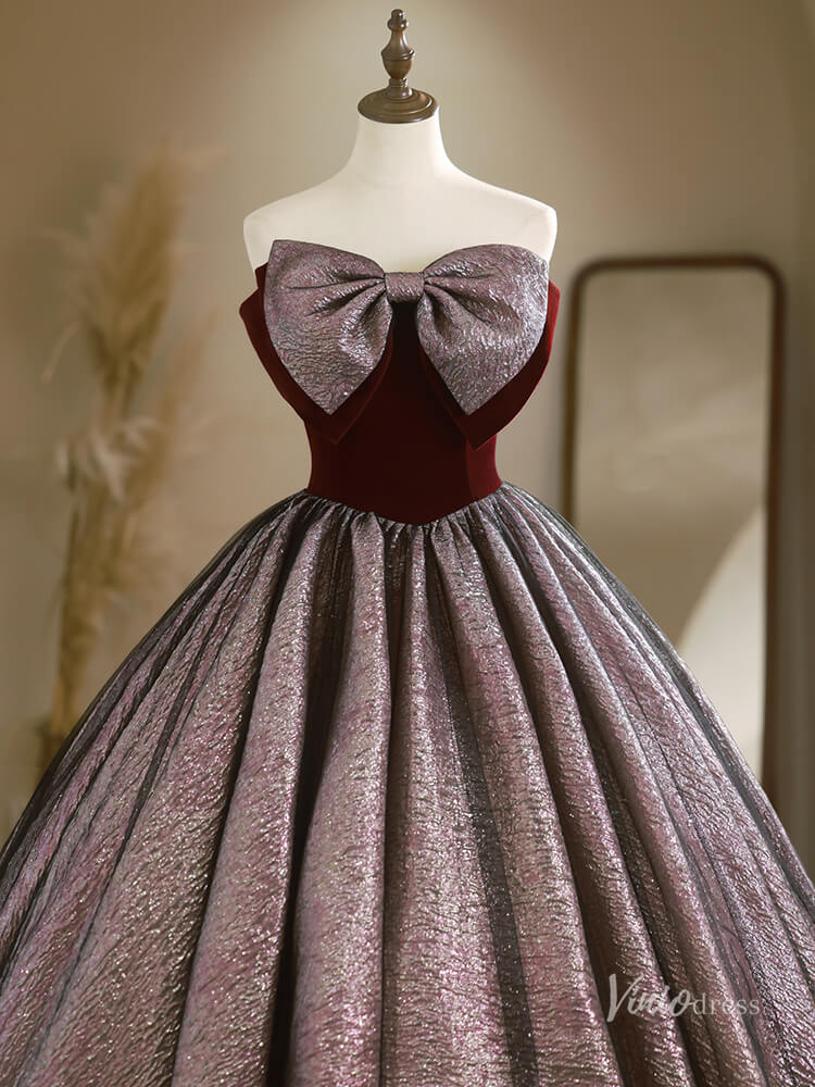 Black Strapless Bow Tie Prom Ball Gown Jacquard Quinceanera Dresses BG023-prom dresses 2025 -Viniodress-Burgundy-Custom Size-