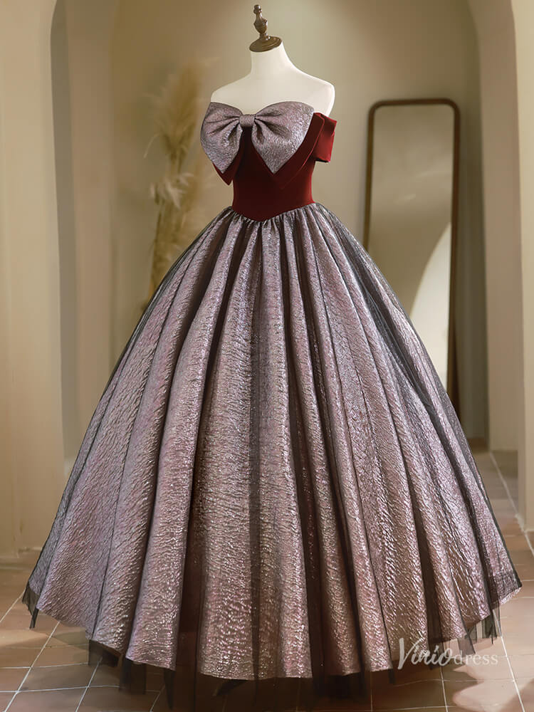 Black Strapless Bow Tie Prom Ball Gown Jacquard Quinceanera Dresses BG023-prom dresses 2025 -Viniodress-Burgundy-Custom Size-