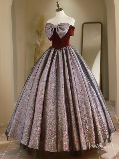 Black Strapless Bow Tie Prom Ball Gown Jacquard Quinceanera Dresses BG023-prom dresses 2025 -Viniodress-Burgundy-Custom Size-