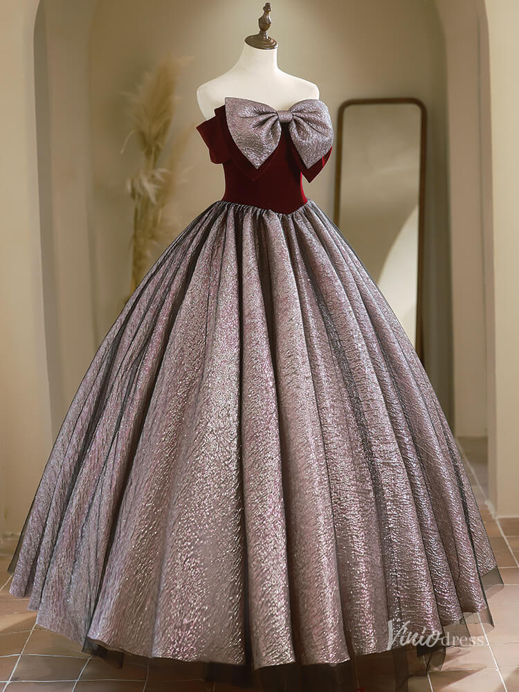 Black Strapless Bow Tie Prom Ball Gown Jacquard Quinceanera Dresses BG023-prom dresses 2025 -Viniodress-Burgundy-Custom Size-