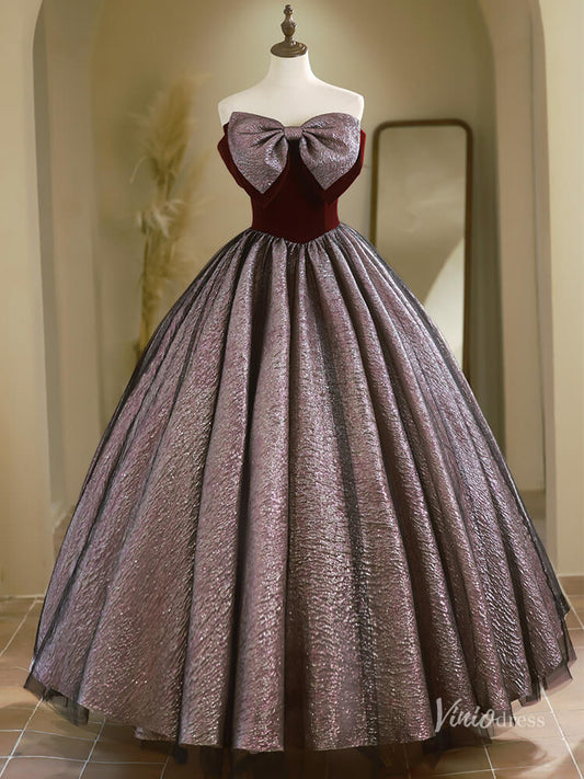 Black Strapless Bow Tie Prom Ball Gown Jacquard Quinceanera Dresses BG023-prom dresses 2025 -Viniodress-Burgundy-Custom Size-