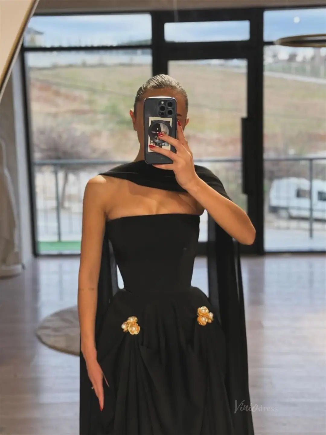 Black Strapless Chiffon Prom Dresses 2025 with Shawl – FD5211-prom dresses 2025 -Viniodress-Black-Custom Size-