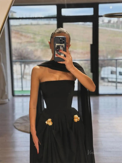 Black Strapless Chiffon Prom Dresses 2025 with Shawl – FD5211-prom dresses 2025 -Viniodress-Black-Custom Size-