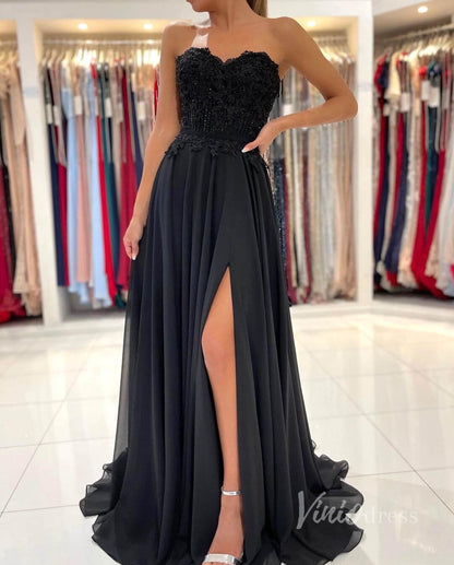 Black Strapless Prom Dress High Slit Chiffon Evening Dress FD2844-prom dresses 2025 -Viniodress-Black-Custom Size-