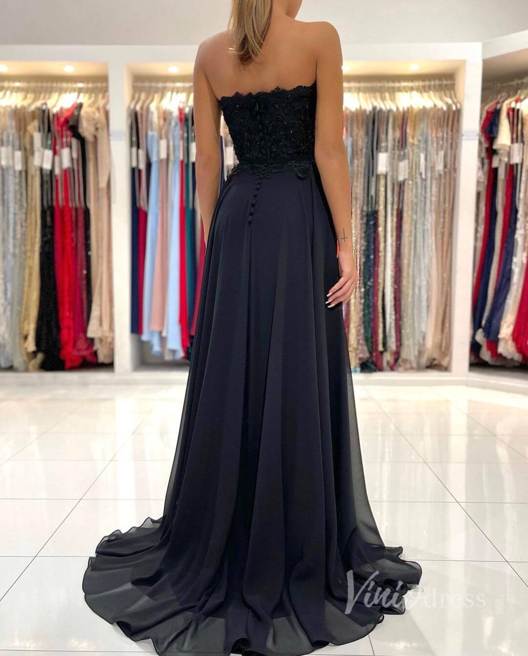 Prom Dress 2025 Black Strapless Prom Dress High Slit Chiffon Evening Dress FD2844-unique prom dresses-Black-Custom Size-Viniodress