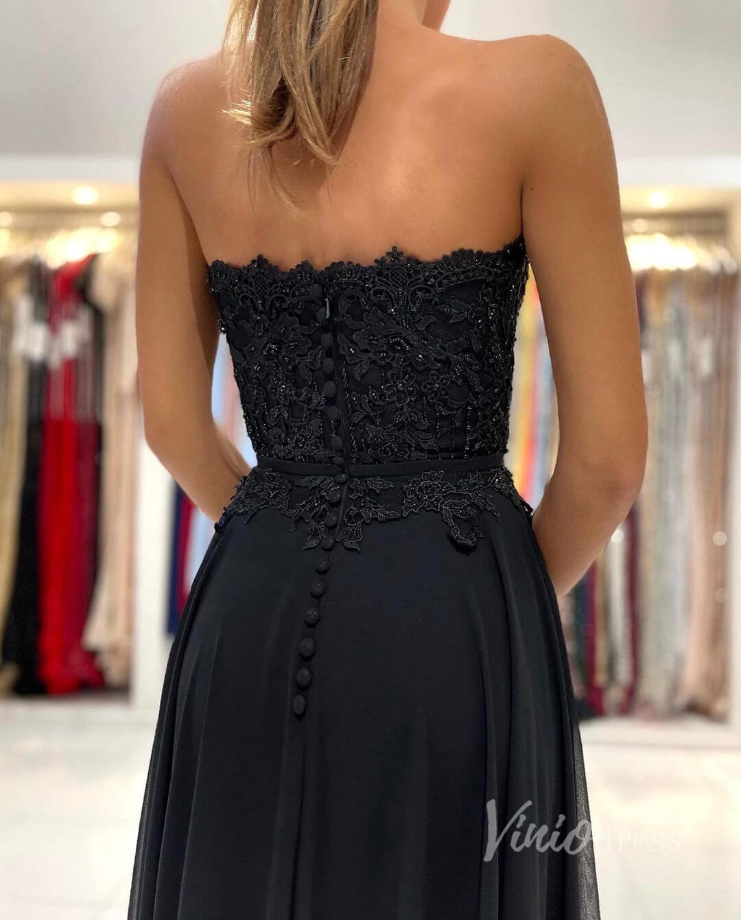 Prom Dress 2025 Black Strapless Prom Dress High Slit Chiffon Evening Dress FD2844-unique prom dresses-Black-Custom Size-Viniodress