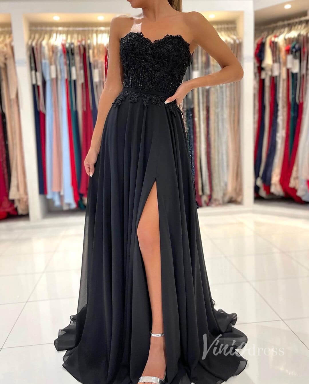 Prom Dress 2025 Black Strapless Prom Dress High Slit Chiffon Evening Dress FD2844-unique prom dresses-Black-Custom Size-Viniodress