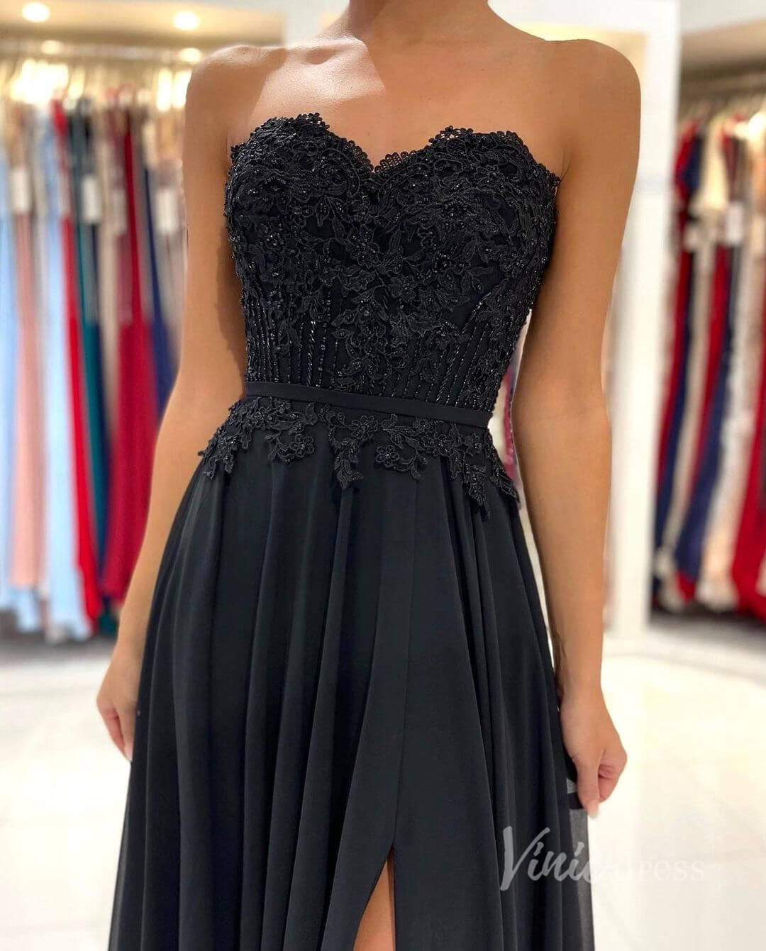 Prom Dress 2025 Black Strapless Prom Dress High Slit Chiffon Evening Dress FD2844-unique prom dresses-Black-Custom Size-Viniodress