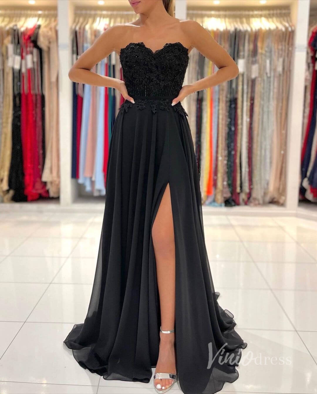 Prom Dress 2025 Black Strapless Prom Dress High Slit Chiffon Evening Dress FD2844-unique prom dresses-Black-Custom Size-Viniodress