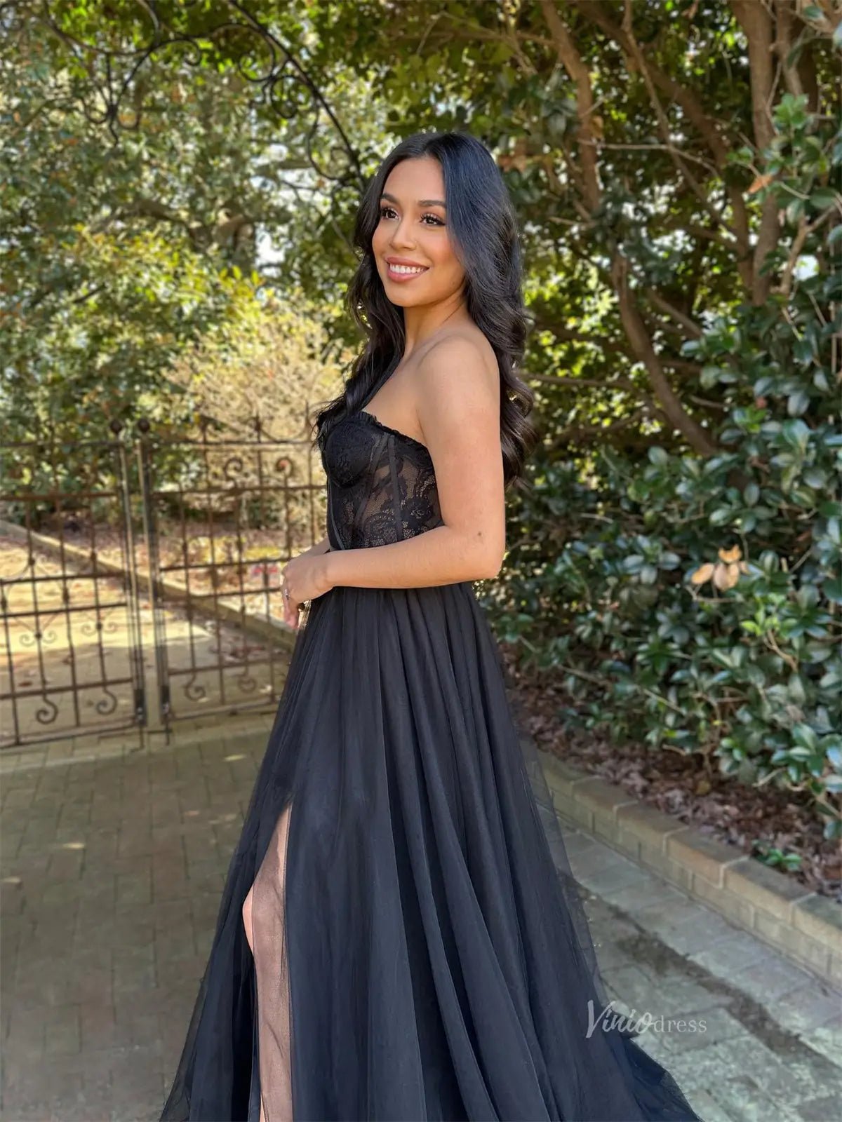 Black Strapless Prom Dress with Boned Lace Bodice & A-Line Tulle Skirt – High Slit Formal Dress FD3269-prom dresses 2025 -Viniodress-Black-Custom Size-