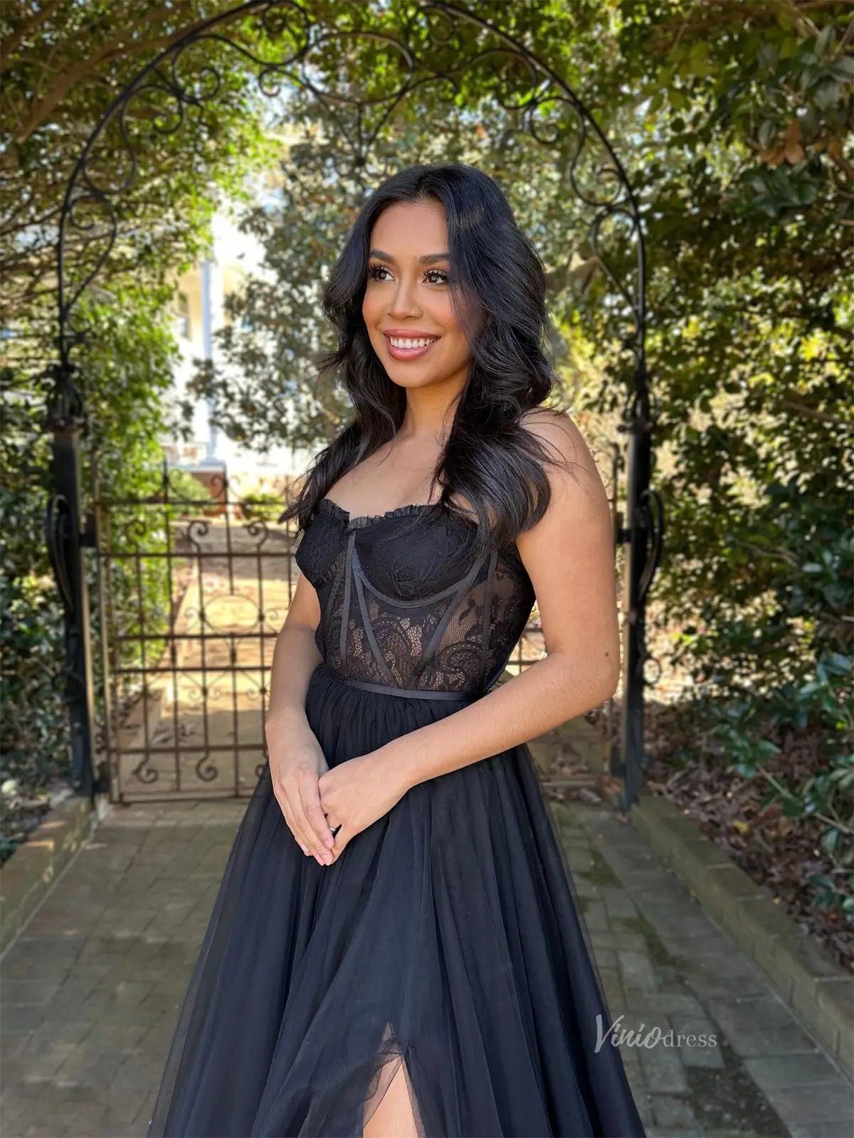 Black Strapless Prom Dress with Boned Lace Bodice & A-Line Tulle Skirt – High Slit Formal Dress FD3269-prom dresses 2025 -Viniodress-Black-Custom Size-