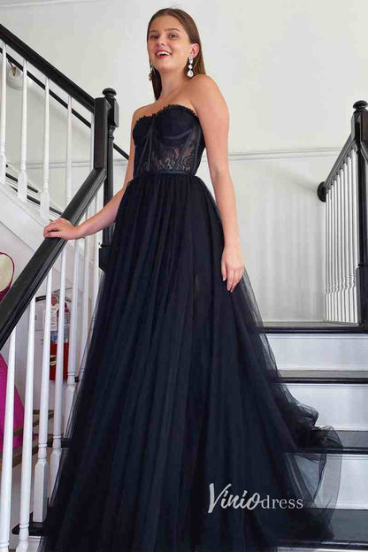 Black Strapless Prom Dress with Boned Lace Bodice & A-Line Tulle Skirt – High Slit Formal Dress FD3269-prom dresses 2025 -Viniodress-Black-Custom Size-