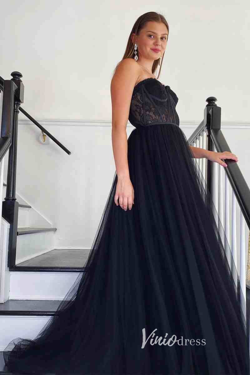 Black Strapless Prom Dress with Boned Lace Bodice & A-Line Tulle Skirt – High Slit Formal Dress FD3269-prom dresses 2025 -Viniodress-Black-Custom Size-