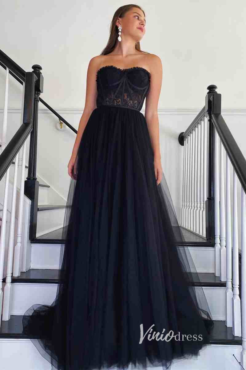 Black Strapless Prom Dress with Boned Lace Bodice & A-Line Tulle Skirt – High Slit Formal Dress FD3269-prom dresses 2025 -Viniodress-Black-Custom Size-
