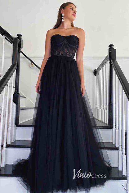 Black Strapless Prom Dress with Boned Lace Bodice & A-Line Tulle Skirt – High Slit Formal Dress FD3269-prom dresses 2025 -Viniodress-Black-Custom Size-