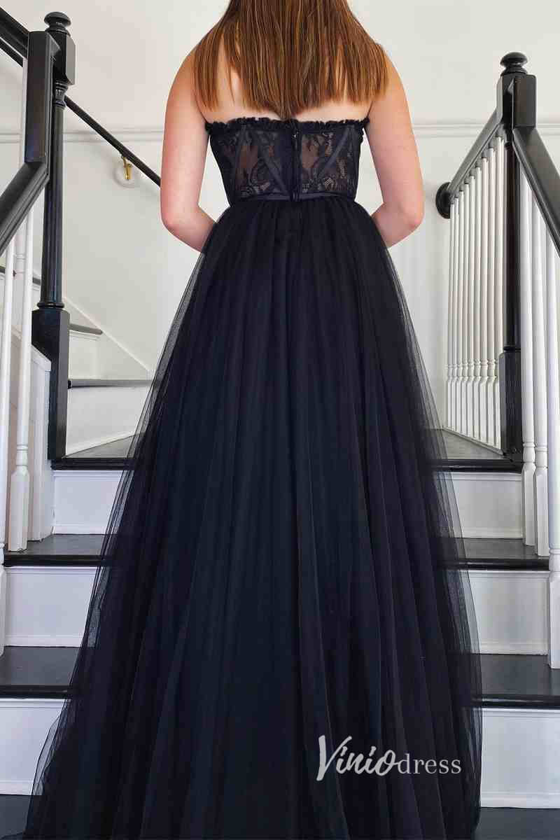 Black Strapless Prom Dress with Boned Lace Bodice & A-Line Tulle Skirt – High Slit Formal Dress FD3269-prom dresses 2025 -Viniodress-Black-Custom Size-